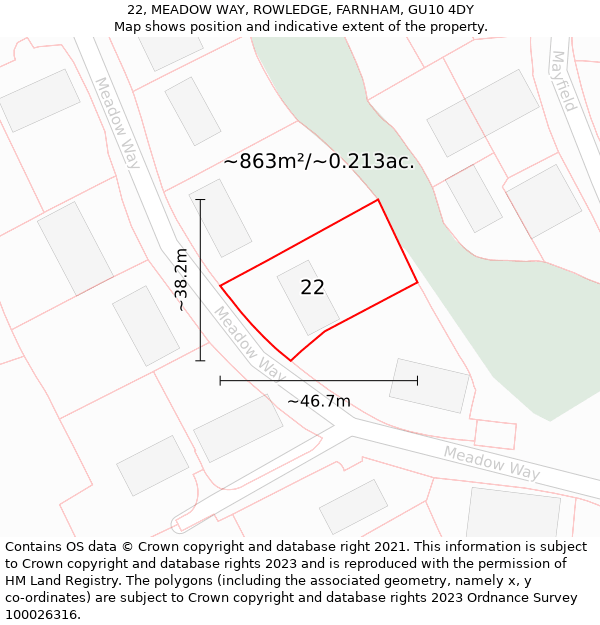 22, MEADOW WAY, ROWLEDGE, FARNHAM, GU10 4DY: Plot and title map