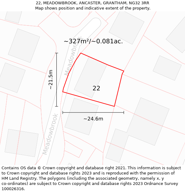 22, MEADOWBROOK, ANCASTER, GRANTHAM, NG32 3RR: Plot and title map