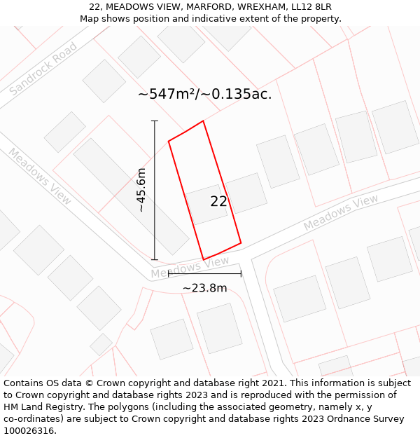 22, MEADOWS VIEW, MARFORD, WREXHAM, LL12 8LR: Plot and title map