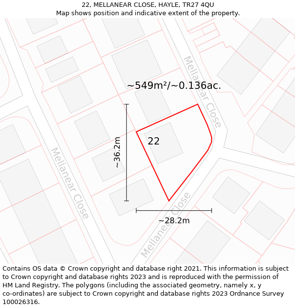 22, MELLANEAR CLOSE, HAYLE, TR27 4QU: Plot and title map