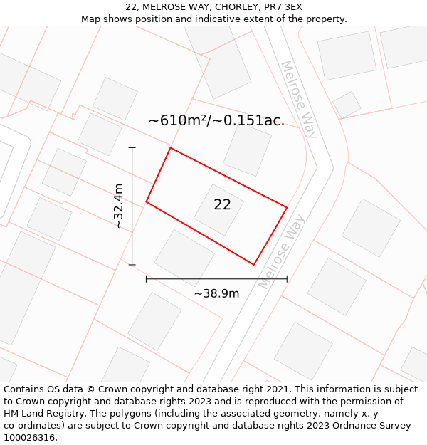 22, MELROSE WAY, CHORLEY, PR7 3EX: Plot and title map