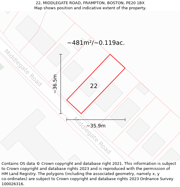 22, MIDDLEGATE ROAD, FRAMPTON, BOSTON, PE20 1BX: Plot and title map