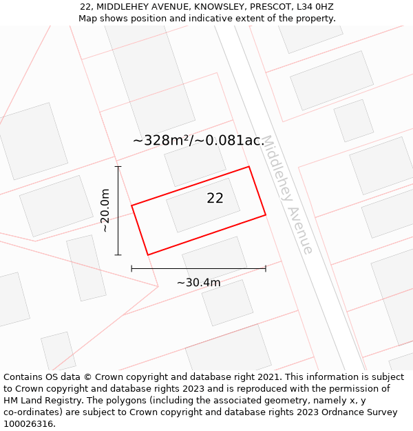 22, MIDDLEHEY AVENUE, KNOWSLEY, PRESCOT, L34 0HZ: Plot and title map