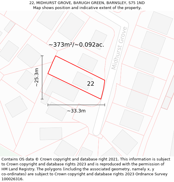 22, MIDHURST GROVE, BARUGH GREEN, BARNSLEY, S75 1ND: Plot and title map