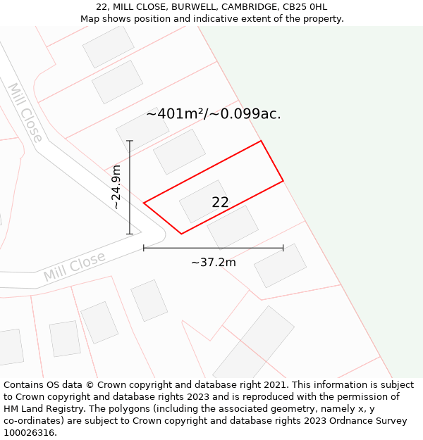 22, MILL CLOSE, BURWELL, CAMBRIDGE, CB25 0HL: Plot and title map