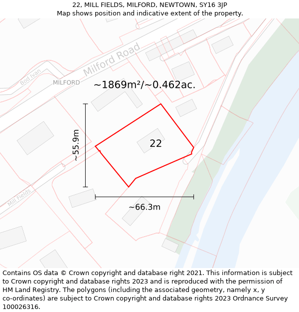 22, MILL FIELDS, MILFORD, NEWTOWN, SY16 3JP: Plot and title map