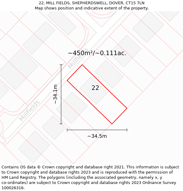 22, MILL FIELDS, SHEPHERDSWELL, DOVER, CT15 7LN: Plot and title map