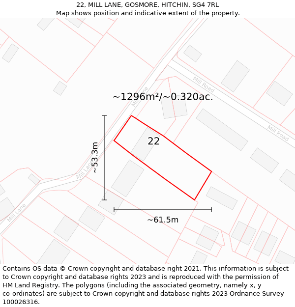 22, MILL LANE, GOSMORE, HITCHIN, SG4 7RL: Plot and title map