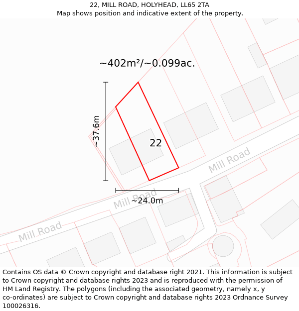 22, MILL ROAD, HOLYHEAD, LL65 2TA: Plot and title map