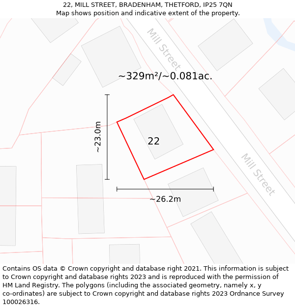 22, MILL STREET, BRADENHAM, THETFORD, IP25 7QN: Plot and title map
