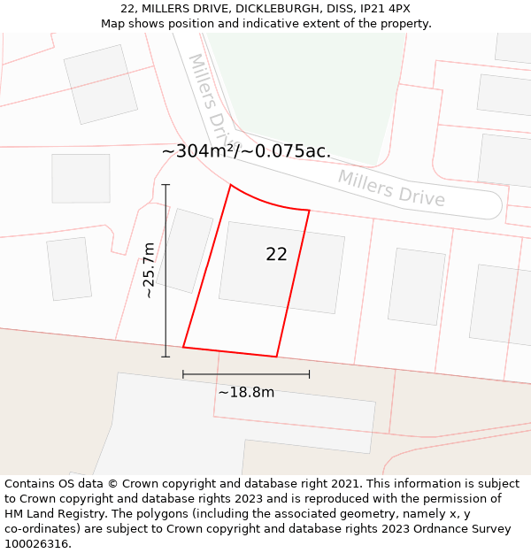 22, MILLERS DRIVE, DICKLEBURGH, DISS, IP21 4PX: Plot and title map