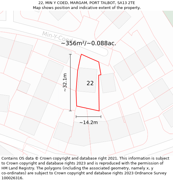 22, MIN Y COED, MARGAM, PORT TALBOT, SA13 2TE: Plot and title map