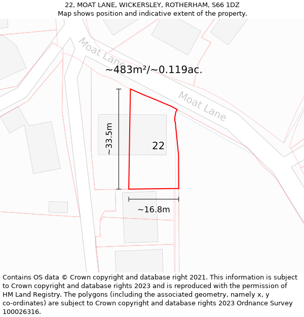 22, MOAT LANE, WICKERSLEY, ROTHERHAM, S66 1DZ: Plot and title map