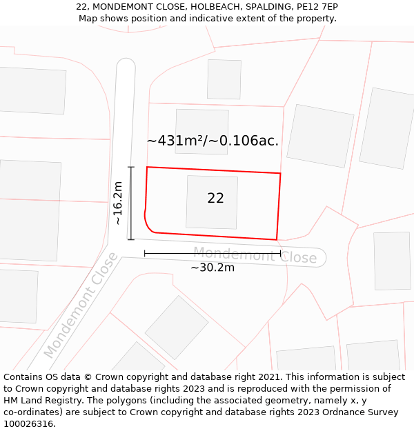 22, MONDEMONT CLOSE, HOLBEACH, SPALDING, PE12 7EP: Plot and title map