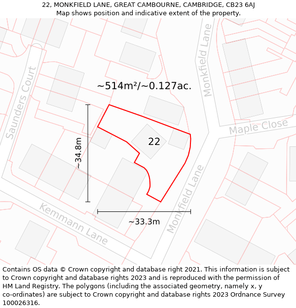 22, MONKFIELD LANE, GREAT CAMBOURNE, CAMBRIDGE, CB23 6AJ: Plot and title map