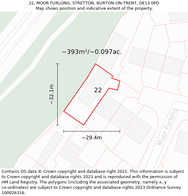 22, MOOR FURLONG, STRETTON, BURTON-ON-TRENT, DE13 0PD: Plot and title map