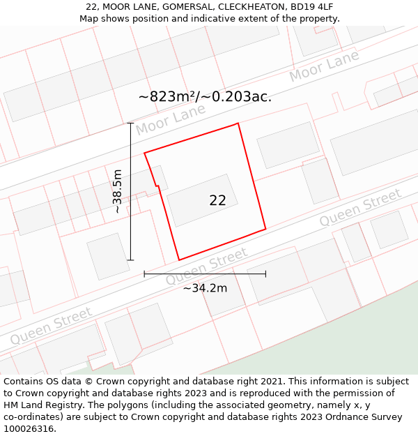 22, MOOR LANE, GOMERSAL, CLECKHEATON, BD19 4LF: Plot and title map