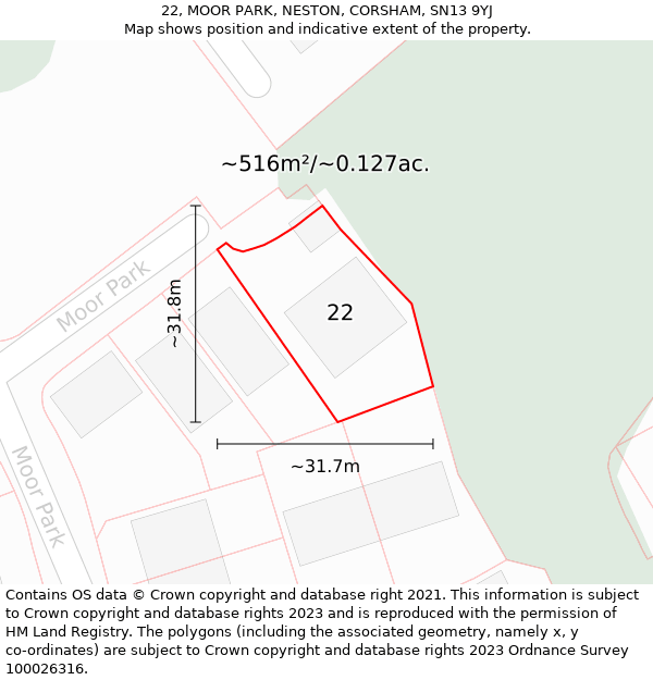 22, MOOR PARK, NESTON, CORSHAM, SN13 9YJ: Plot and title map