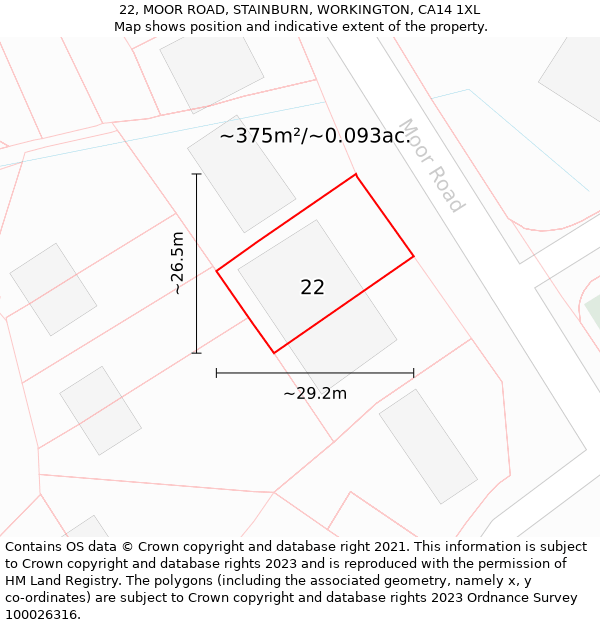 22, MOOR ROAD, STAINBURN, WORKINGTON, CA14 1XL: Plot and title map