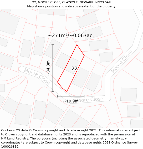 22, MOORE CLOSE, CLAYPOLE, NEWARK, NG23 5AU: Plot and title map