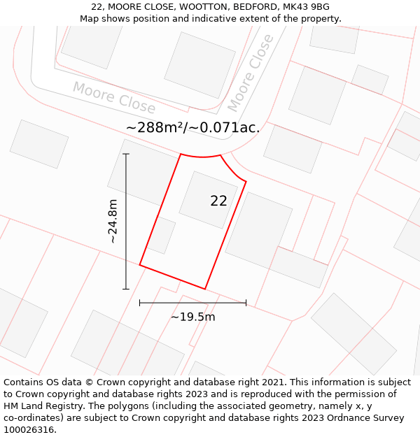 22, MOORE CLOSE, WOOTTON, BEDFORD, MK43 9BG: Plot and title map