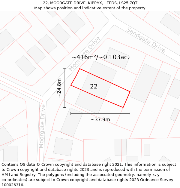 22, MOORGATE DRIVE, KIPPAX, LEEDS, LS25 7QT: Plot and title map