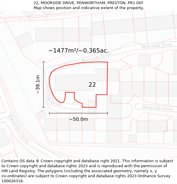 22, MOORSIDE DRIVE, PENWORTHAM, PRESTON, PR1 0XF: Plot and title map