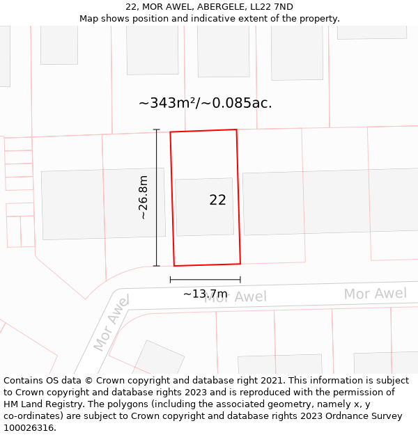 22, MOR AWEL, ABERGELE, LL22 7ND: Plot and title map