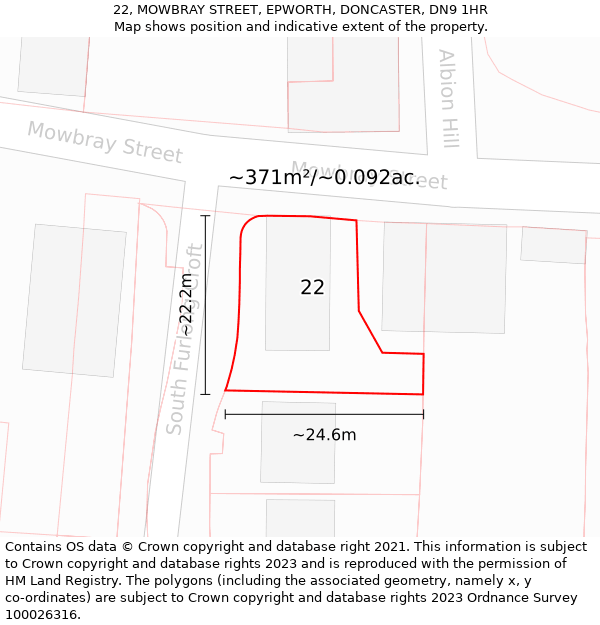 22, MOWBRAY STREET, EPWORTH, DONCASTER, DN9 1HR: Plot and title map