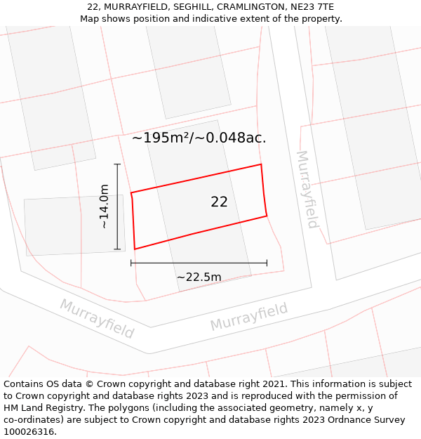 22, MURRAYFIELD, SEGHILL, CRAMLINGTON, NE23 7TE: Plot and title map