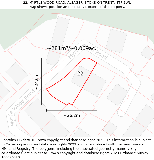 22, MYRTLE WOOD ROAD, ALSAGER, STOKE-ON-TRENT, ST7 2WL: Plot and title map