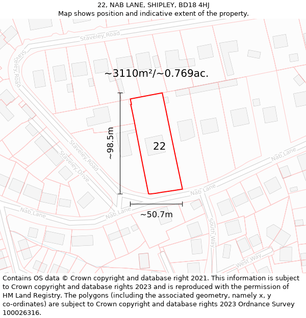 22, NAB LANE, SHIPLEY, BD18 4HJ: Plot and title map