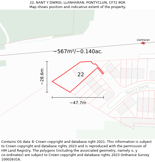 22, NANT Y DWRGI, LLANHARAN, PONTYCLUN, CF72 9GR: Plot and title map