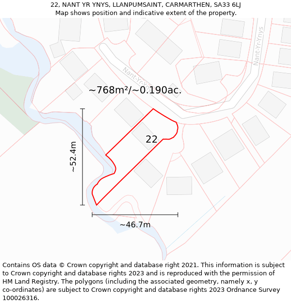 22, NANT YR YNYS, LLANPUMSAINT, CARMARTHEN, SA33 6LJ: Plot and title map