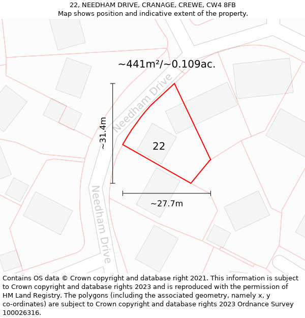 22, NEEDHAM DRIVE, CRANAGE, CREWE, CW4 8FB: Plot and title map