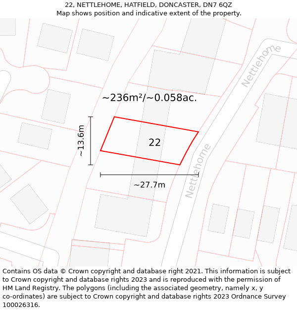 22, NETTLEHOME, HATFIELD, DONCASTER, DN7 6QZ: Plot and title map