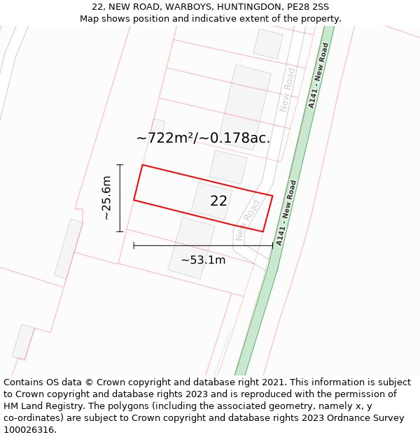 22, NEW ROAD, WARBOYS, HUNTINGDON, PE28 2SS: Plot and title map