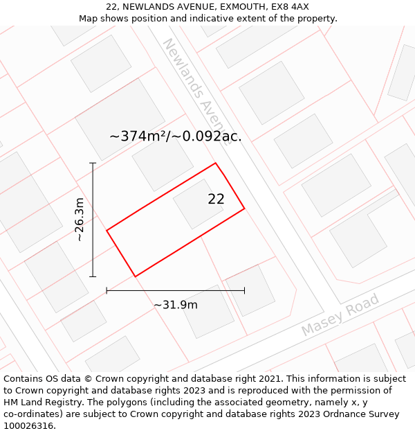 22, NEWLANDS AVENUE, EXMOUTH, EX8 4AX: Plot and title map