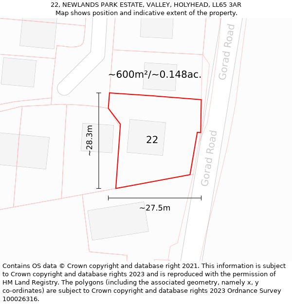 22, NEWLANDS PARK ESTATE, VALLEY, HOLYHEAD, LL65 3AR: Plot and title map