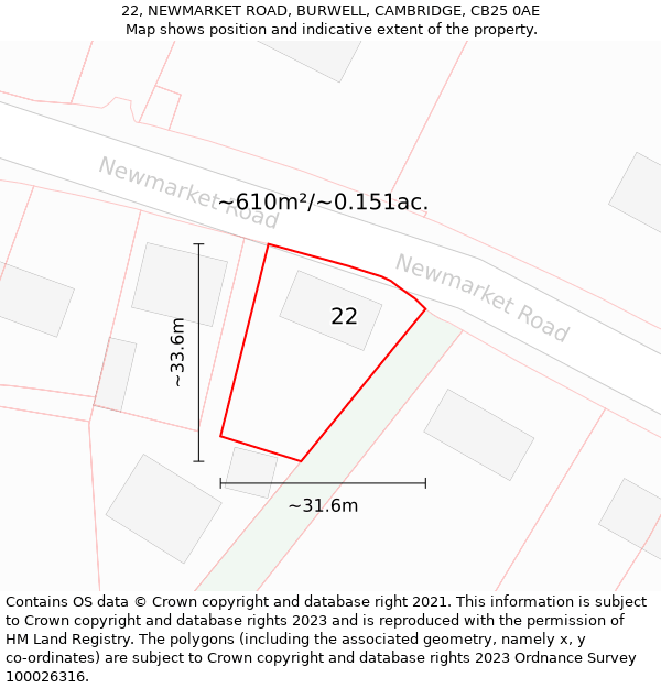 22, NEWMARKET ROAD, BURWELL, CAMBRIDGE, CB25 0AE: Plot and title map