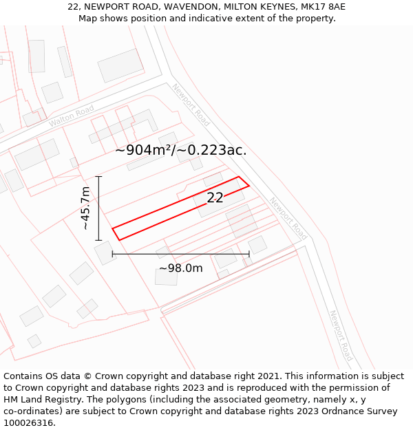 22, NEWPORT ROAD, WAVENDON, MILTON KEYNES, MK17 8AE: Plot and title map