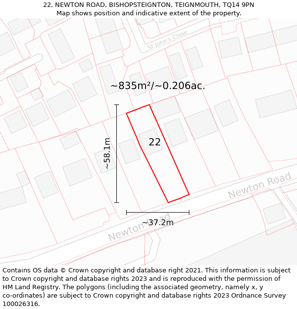 22, NEWTON ROAD, BISHOPSTEIGNTON, TEIGNMOUTH, TQ14 9PN: Plot and title map