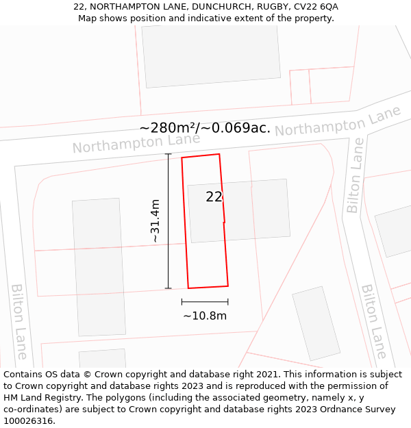 22, NORTHAMPTON LANE, DUNCHURCH, RUGBY, CV22 6QA: Plot and title map