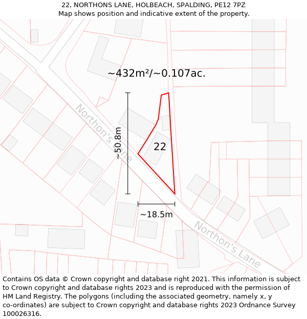 22, NORTHONS LANE, HOLBEACH, SPALDING, PE12 7PZ: Plot and title map