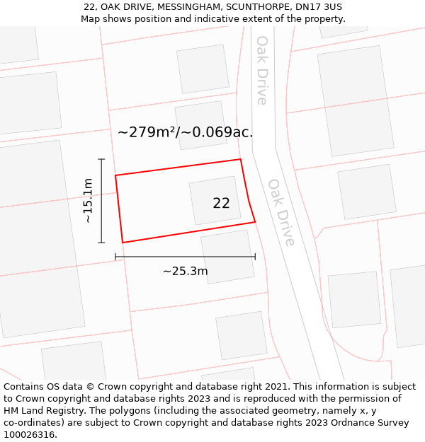 22, OAK DRIVE, MESSINGHAM, SCUNTHORPE, DN17 3US: Plot and title map