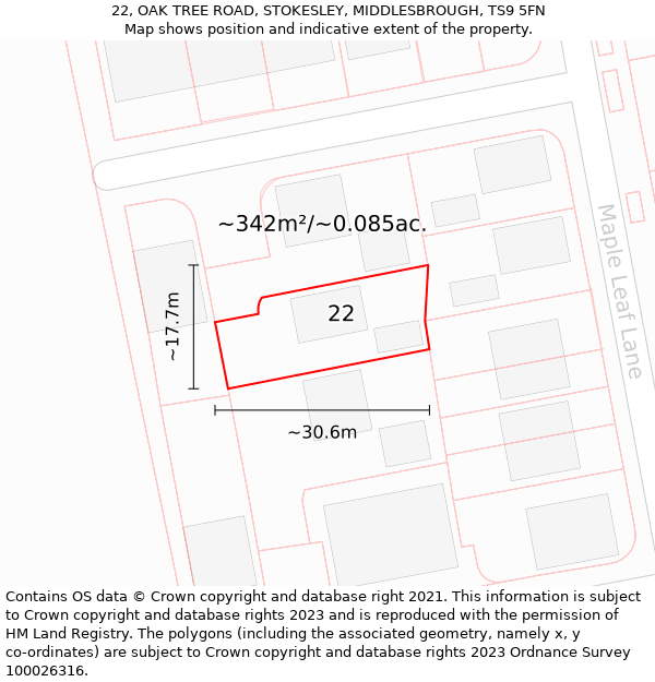 22, OAK TREE ROAD, STOKESLEY, MIDDLESBROUGH, TS9 5FN: Plot and title map