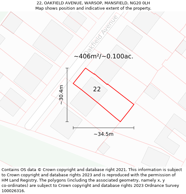 22, OAKFIELD AVENUE, WARSOP, MANSFIELD, NG20 0LH: Plot and title map