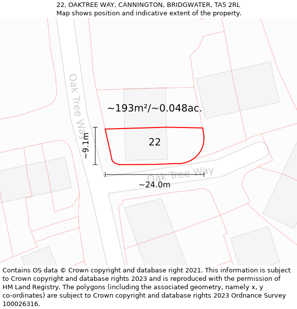 22, OAKTREE WAY, CANNINGTON, BRIDGWATER, TA5 2RL: Plot and title map