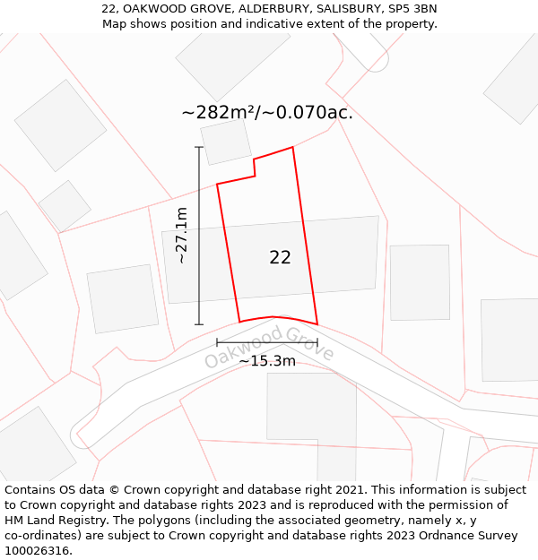 22, OAKWOOD GROVE, ALDERBURY, SALISBURY, SP5 3BN: Plot and title map