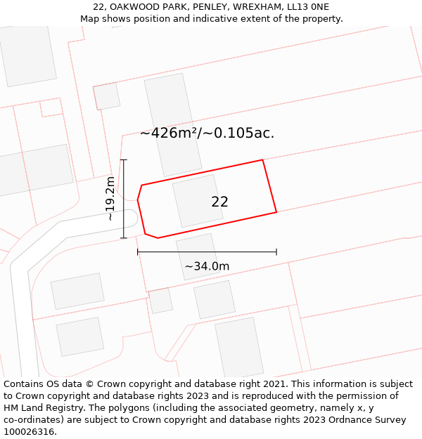 22, OAKWOOD PARK, PENLEY, WREXHAM, LL13 0NE: Plot and title map